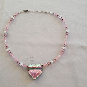 Pink Fused Glass Heart and Sworovsky Beaded 17"- 19" Necklace w/ 2 inch extender